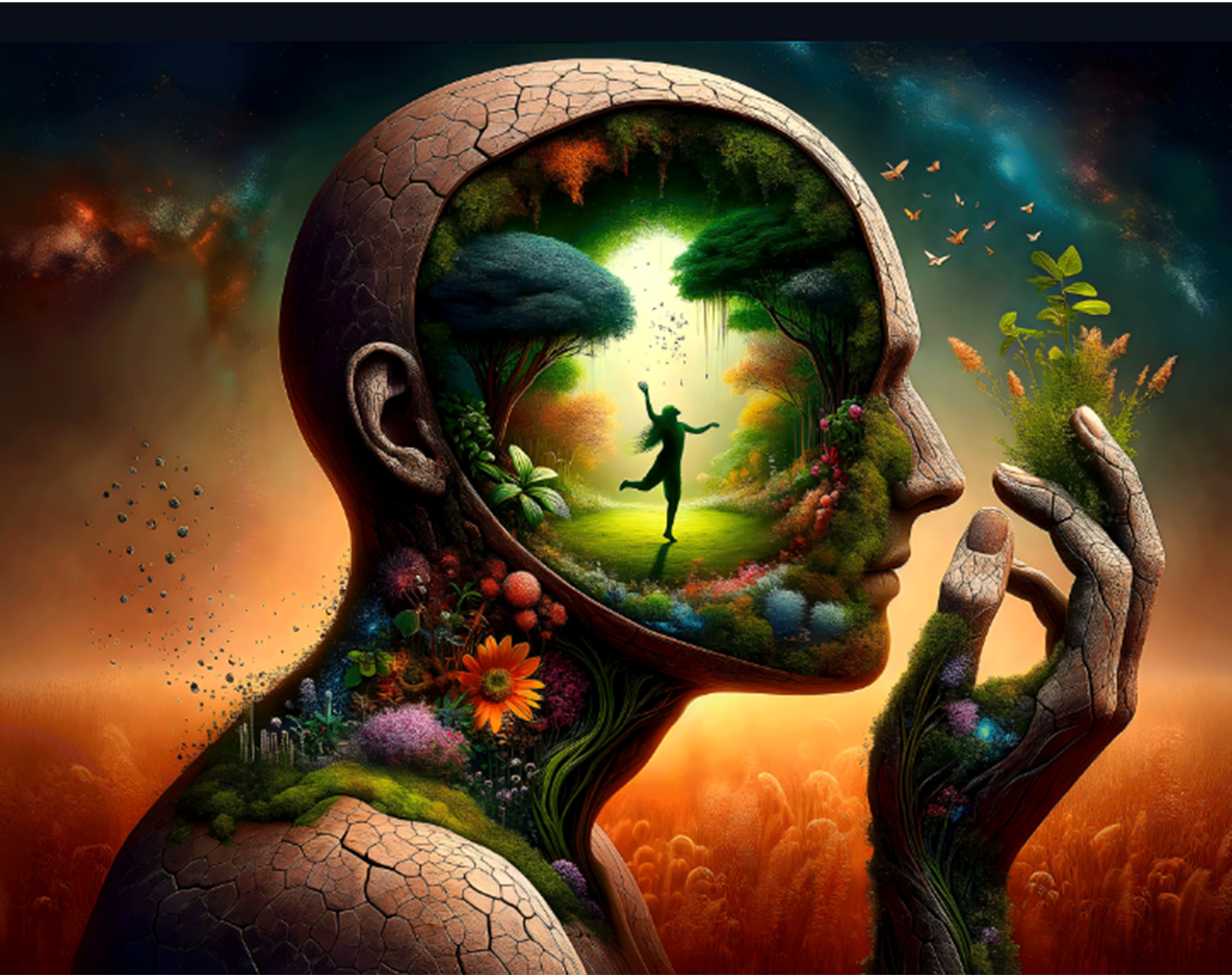 Eine Frau tanzt im Wald und befindet sich im Inneren eines schematisch dargestellten menschlichen Kopfes 